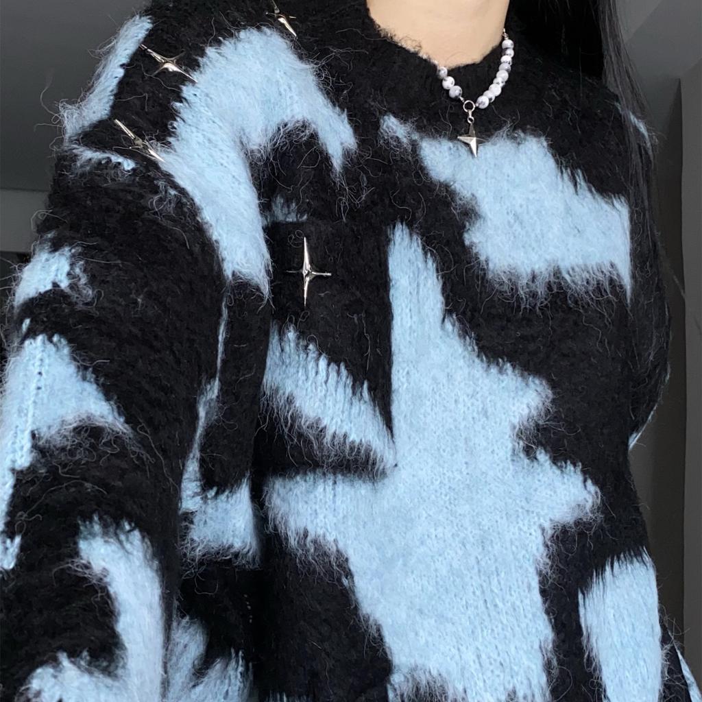 Lazy Wind Color Collision Sweater Female Autumn and Winter Loose Round Neck Pullover Knit Sweater Female Tops Fashionable Versatile