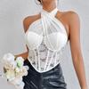 Specialty Lace Mesh Yarn Cross Neck Top Rhombus Fishbone Small Vest