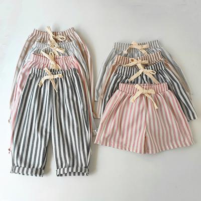 Vintage Linen Cotton Stripe Girls Pants for Toddler Kids Boys Summer Casual Trousers Children's Clothing