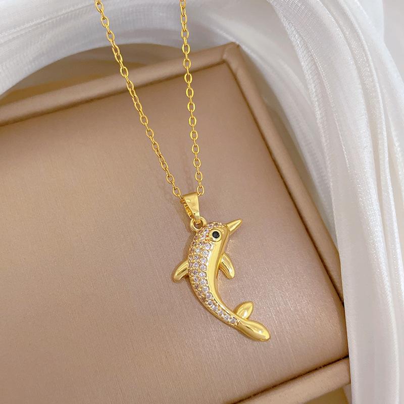 Stainless Steel Chain Necklace Cute Zircon Dolphin Pendant Necklace for Women Girls Gold Color Animal Jewelry Gifts for Lover