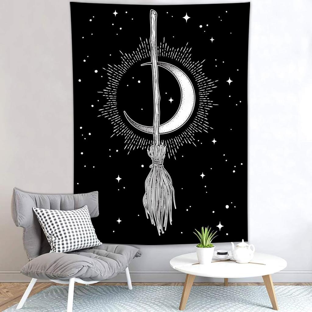Halloween Tapestry Witch's Magic Broom Bohemian Crescent Mysterious Moon Stars Black and White Tapestry Psychedelic Hippie
