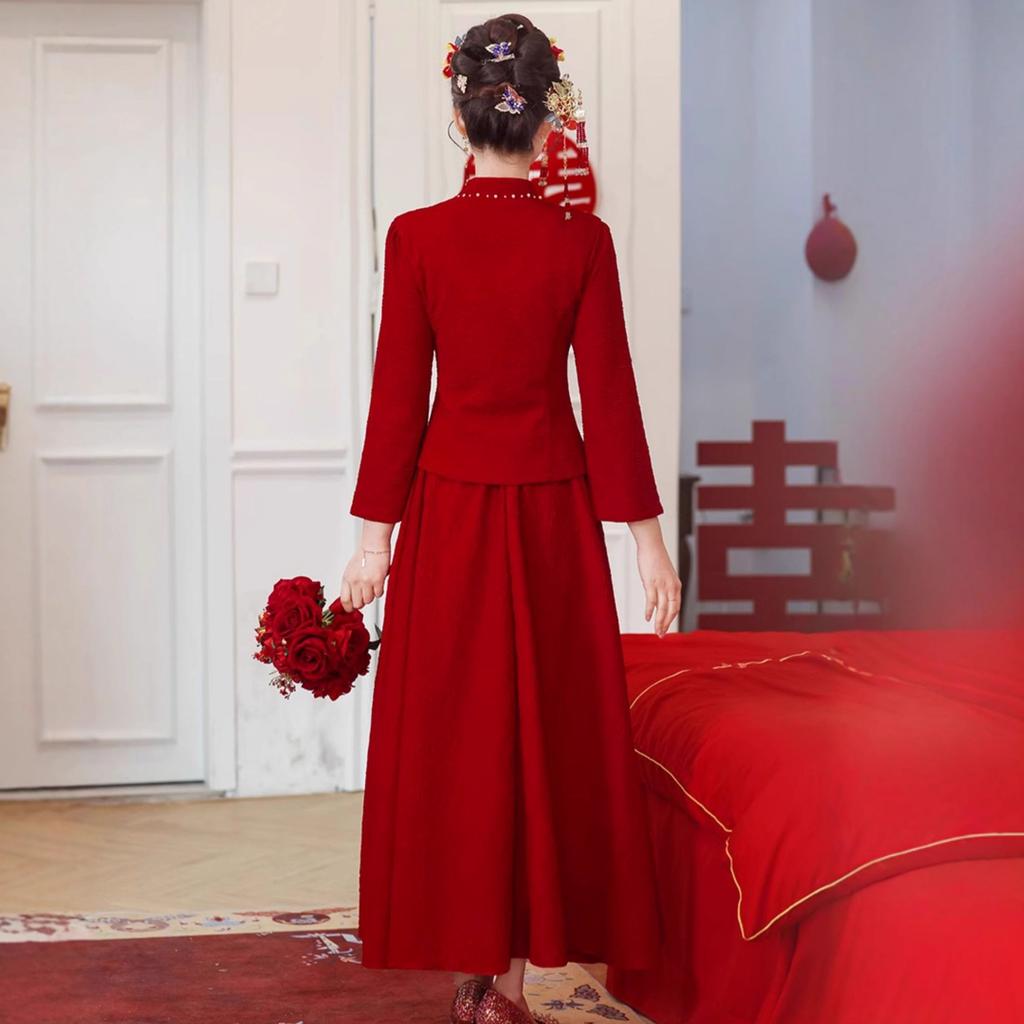 Toast Bridal Burgundy Chinese Engagement Dress Back Door Casual New Small Dress Set