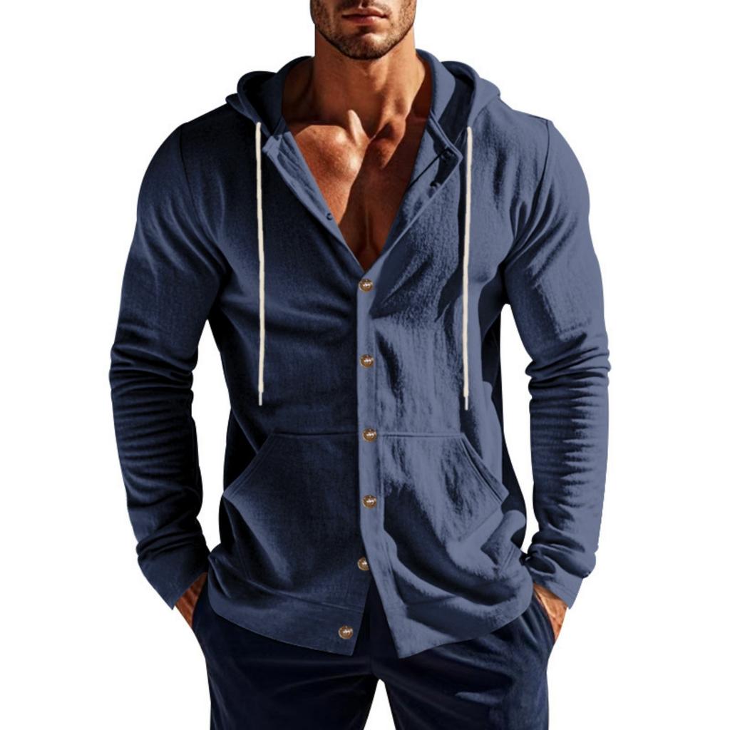 Men's Linen Hooded Shirt, Loose, Casual Breathable And Solid-color Shirt, Sports Beach Fishing Hooded Long-sleeved Shirt