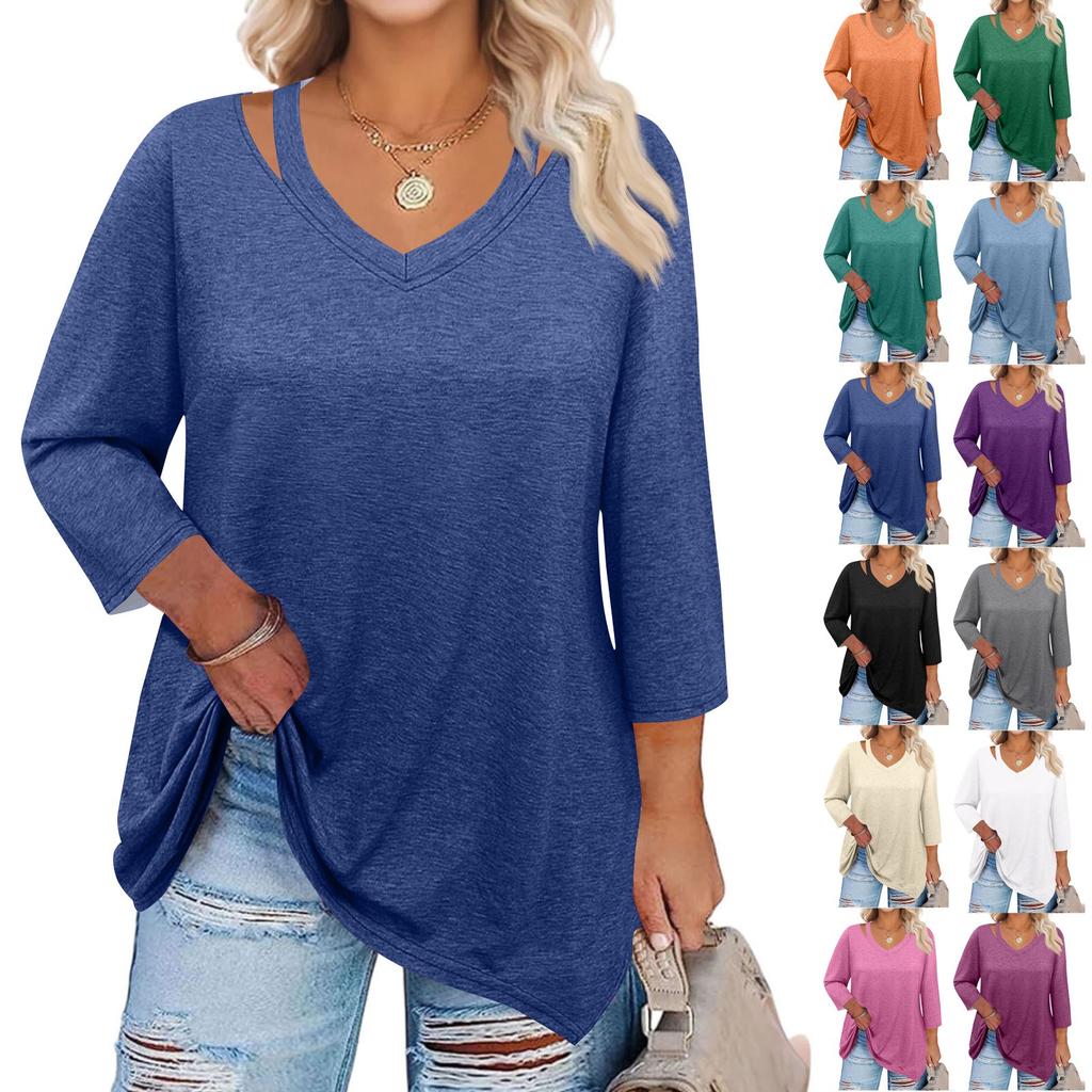 Women's Solid Color Plus Size Tops Hollow V Neck 3/4 Sleeve Shirt Elegant Casual Tops