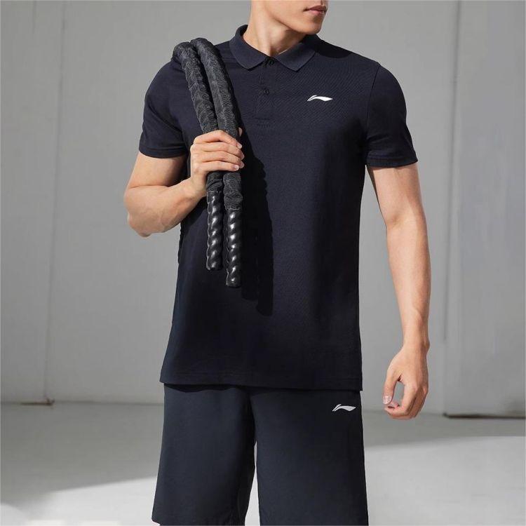 Li-Ning Fitness Series Solid Color Logo Print Casual Short Sleeve Polo Shirt Men Polo Shirts Black APLT321-2