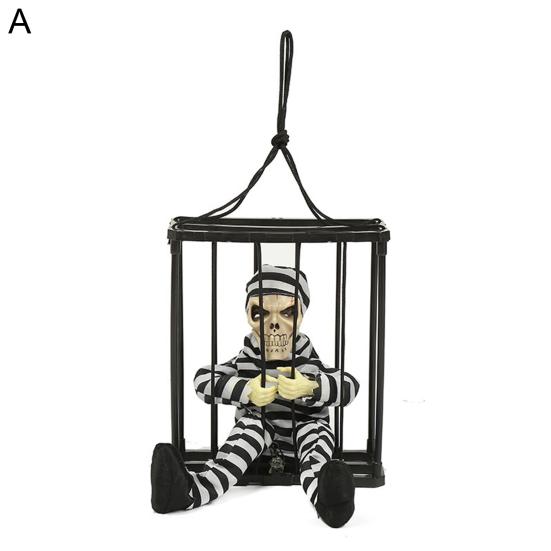 Sprechender Gefangenenanhänger Rote leuchtende Augen Gestreifte Kleidung Sprachaktiviert Gruselig Batteriebetrieben