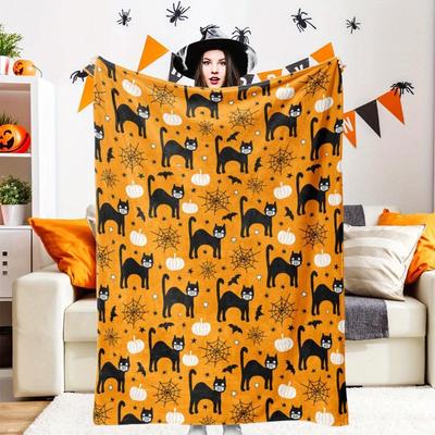 1 Halloween Blanket - with Black Cat, Pumpkin Bat - Soft and Comfortable All Season Bed Cover Suitable for Sofas and Camping