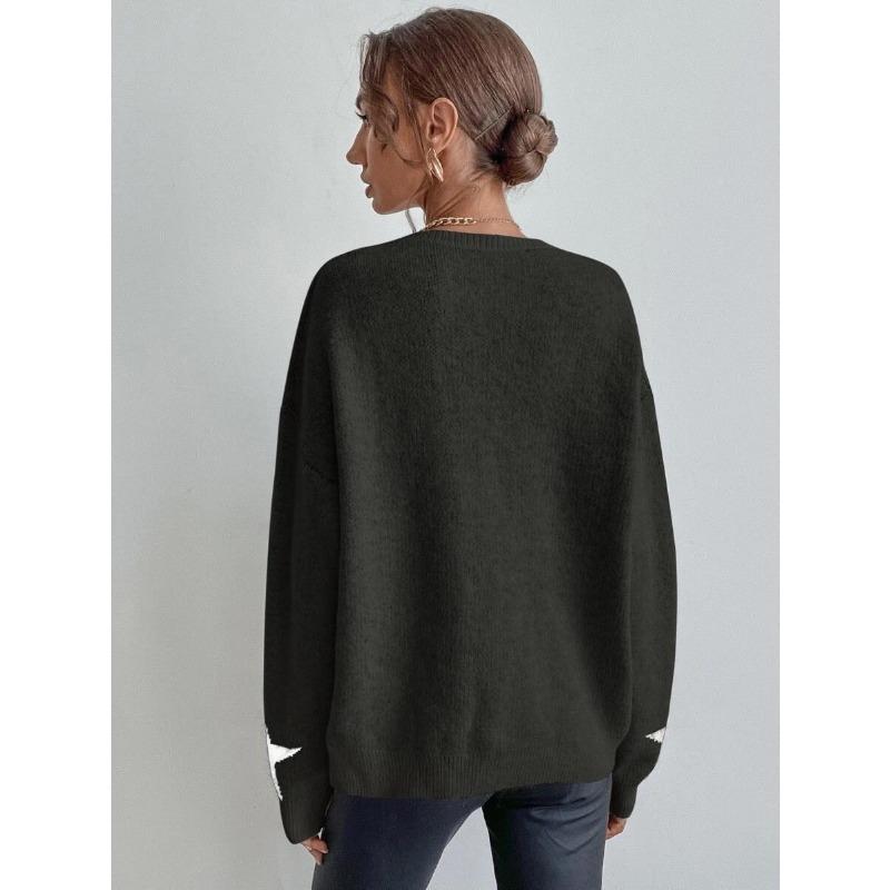 Women S Crew Neck Long Sleeve Pullover Knit Sweater Star Pattern