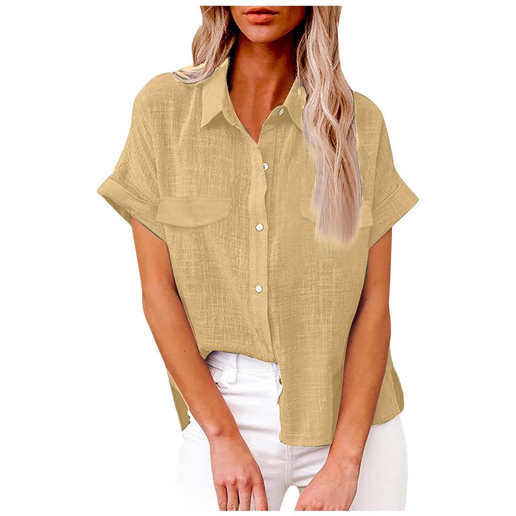 Women's Fashionable Loose-Fit Casual Shirt Button-Up Short-Sleeve Cotton-Linen Blend Top