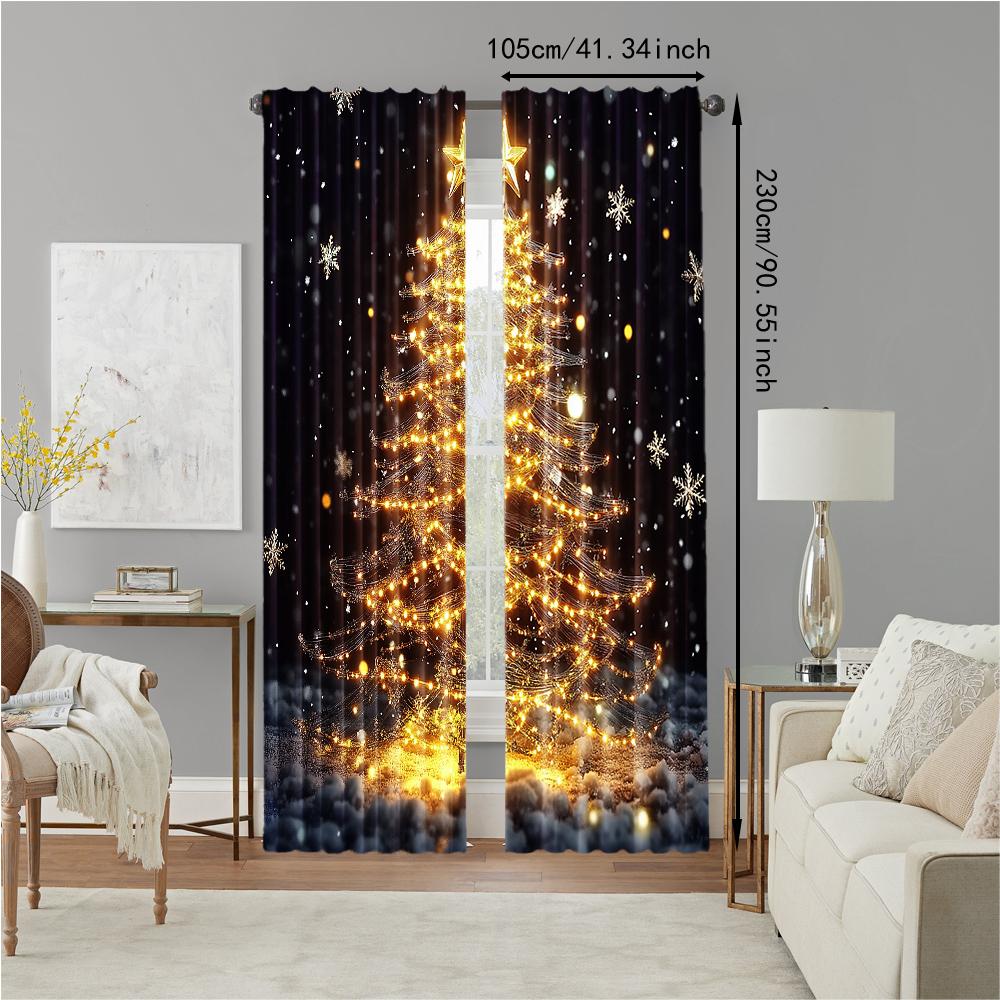 2Pcs Golden Christmas Tree Print Curtains Rod Hole Design For Easy Hanging Perfect For Living Room Bedroom Office Polyester Home