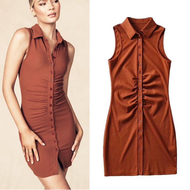 Temperament Dress Sexy Elegant Button Slim Orange Black Green Fashion