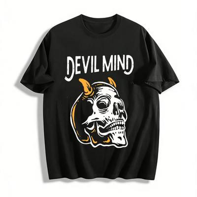 Devil Mind Print Cool Street Style Casual Skull Graphic Top Pure Cotton T-shirt