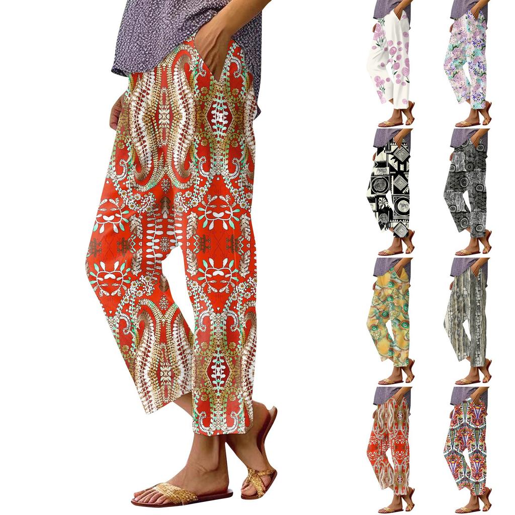 Women's Fashionable Floral Print Straight Leg Pocket Elastic Waist Casual Pants Pants