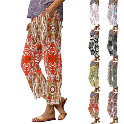 Damen Modische Hose mit Blumenmuster, gerades Bein, Tasche, elastischer Bund, lässige Hose