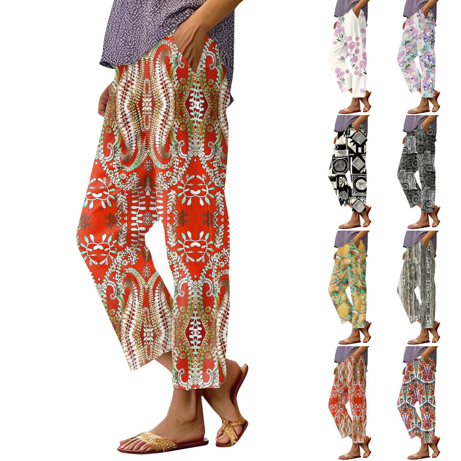 

Women s Fashionable Floral Print Straight Leg Pocket Elastic Waist Casual Pants Pants XL винний