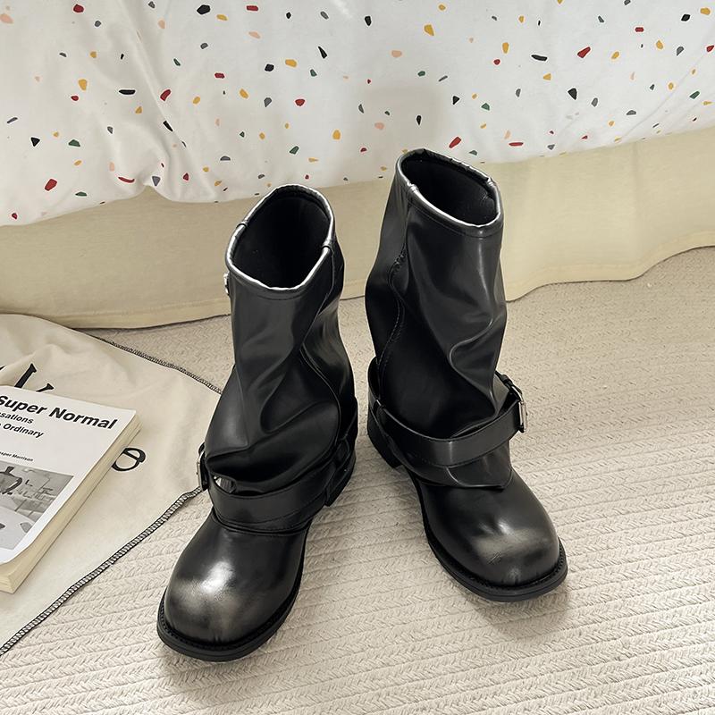 Fashion Vintage Thick Heel Women Western Cowboy Boots Fashion Belt Buckle Slip On Shoes Ladies Pleated Short Booties Autumn Winter