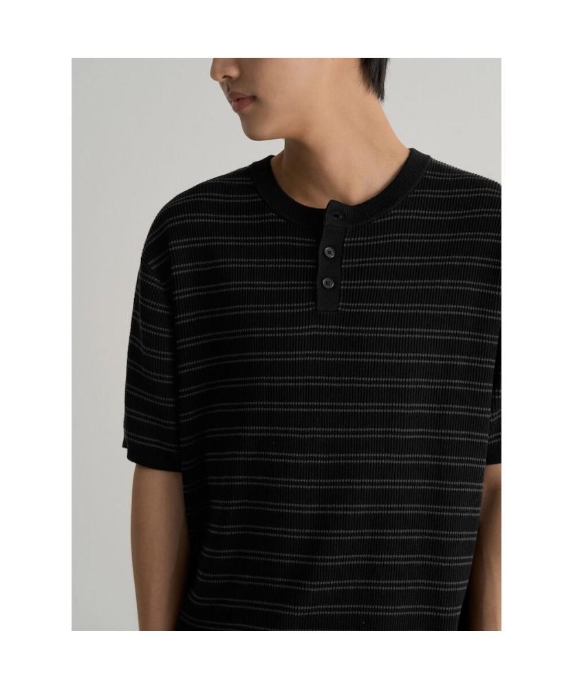 8SECONDS Washable Striped Henley Neck Pullover Black