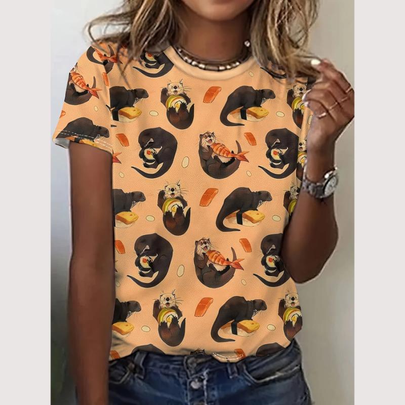 Cartoon-T-Shirt für Damen, Tiermuster-Druck, O-Ausschnitt, Oberteil, Outdoor-Mode, Damen-T-Shirts, Pullover, weibliches übergroßes Kleidungshemd