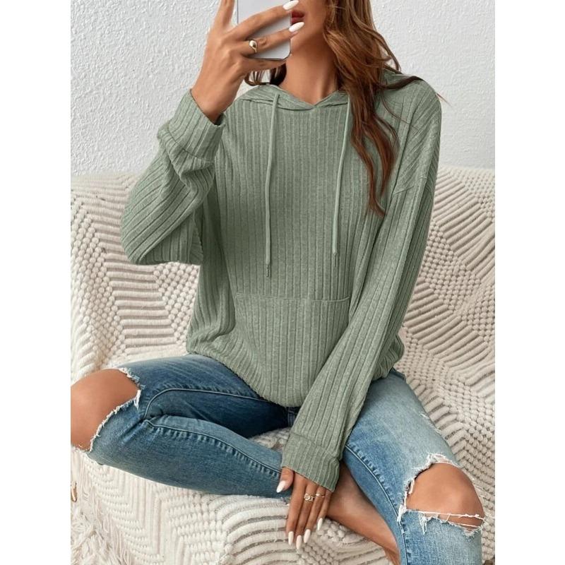 Women S Ribbed Hooded Sweatshirt Long Sleeve Loose Fit With Kangaroo Pocket