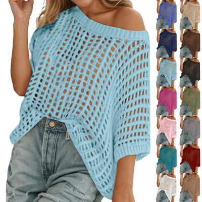 Damen Sexy Hollow Out Fünf Ärmel Strandbluse Einfarbig Gestricktes Oberteil