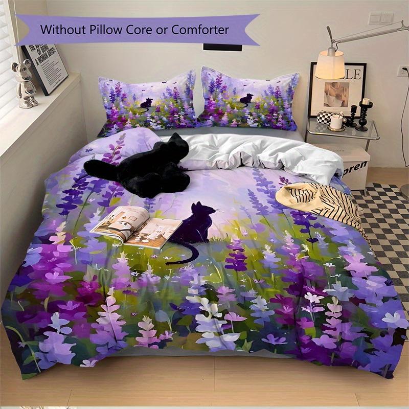 3Pcs Purple Flower Field Printed Bedding Set, Breathable And Soft,(Includes 1 Duvet Cover And 2 Pillowcases, Quilt Not Included) yy250815201