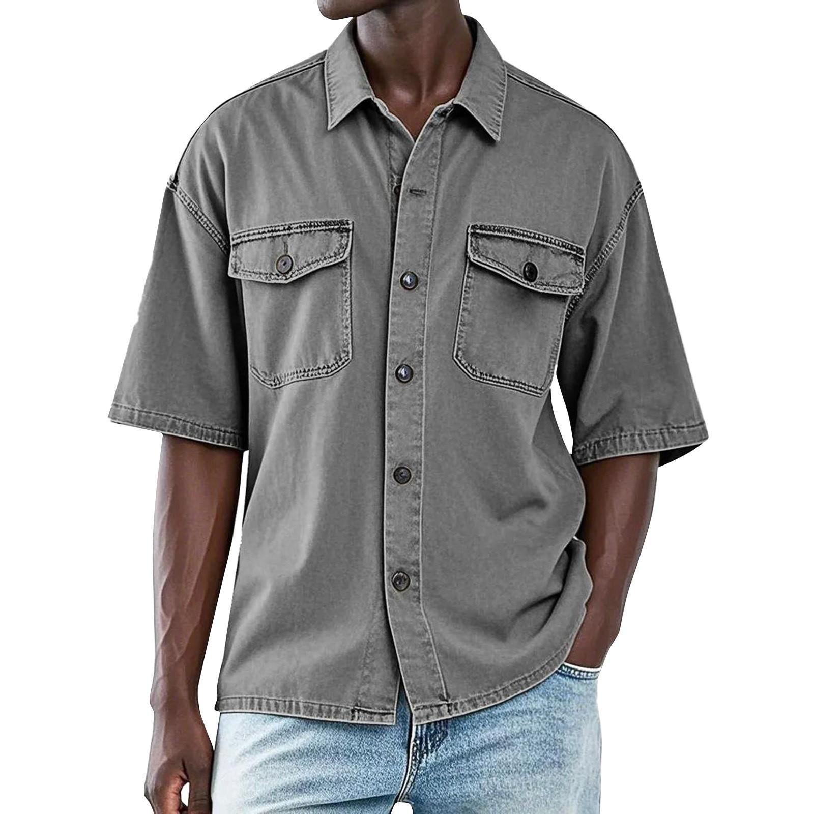 

Мужская летняя однотонная рубашка с лацканами и короткими рукавами, мужская повседневная модная рубашка с короткими рукавами L