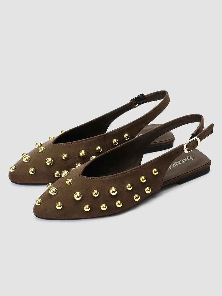 Brown Pointed Toe Mary Jane Backless Slip-on Sandals, Gold Metal Ball Decor, Adjustable Back Strap
