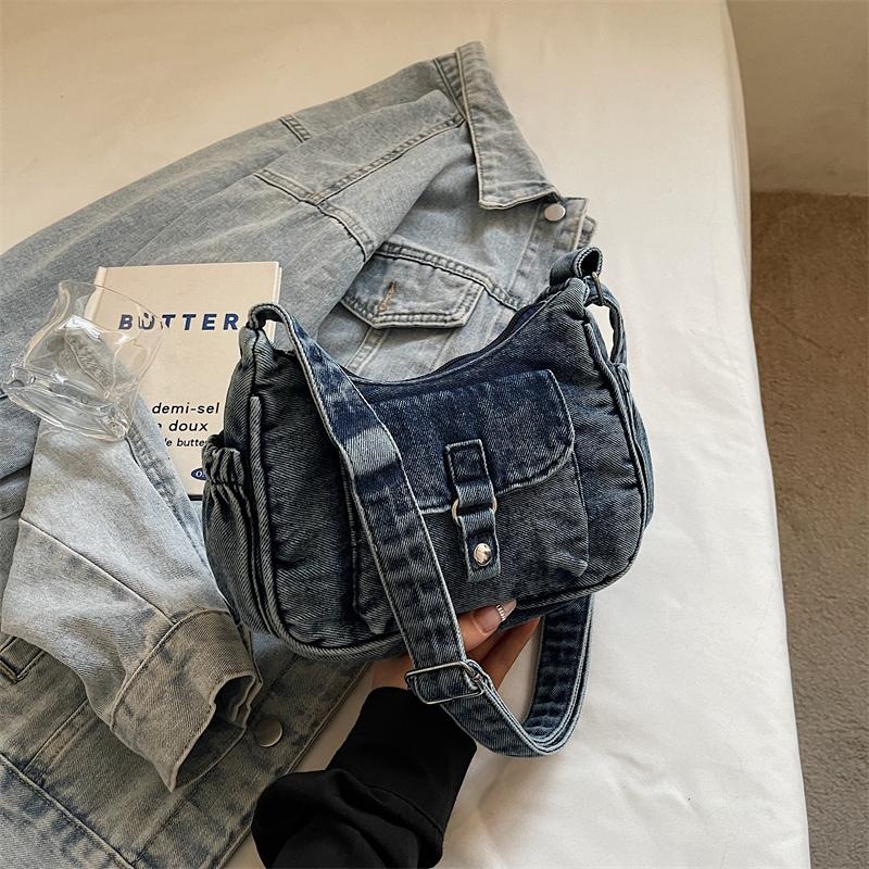 Borsa a tracolla in denim da donna, alla moda, per tutti i giorni, con tasca frontale, stile casual, borsa a mano