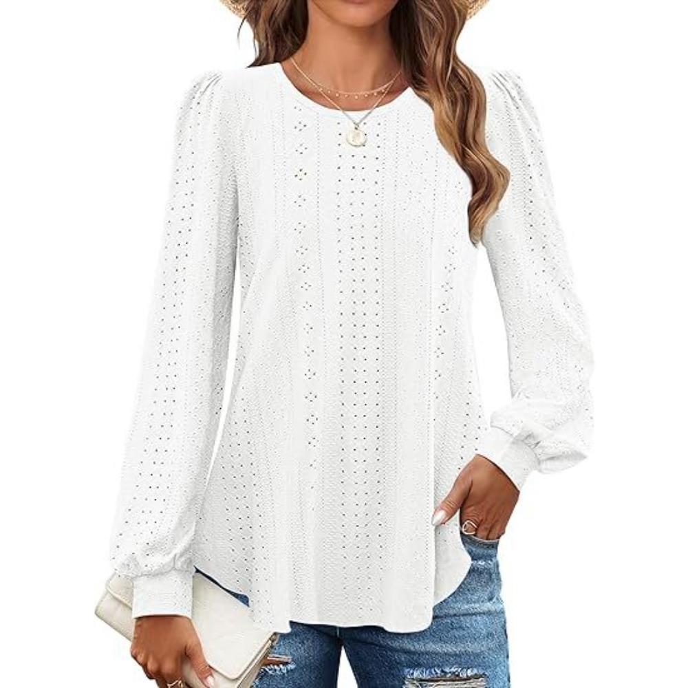 Women s Eyelet Embroidery Puff Long Sleeve Blouse Crew Neck Casual Loose Tunic Tops S белый