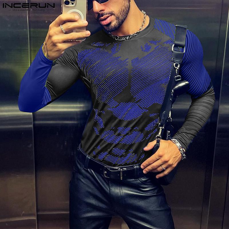 

INCERUN Мужские длинные рукава полосатый принт майки повседневные тонкие базовые топы L синий