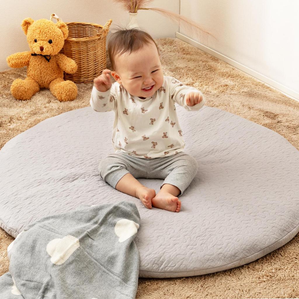 Hagiwara Sunny Mat Ibul Baby Mat, 100% Cotton, Washable, Gray, 100cm Round, Instagrammable Play Mat, Baby Shower Gift