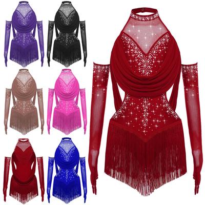 Dievčenské latinskoamerické tanečné oblečenie nariasené sieťované prevedenie výrez strapce trblietavé kamienky leotard so zodpovedajúcimi rukavicami