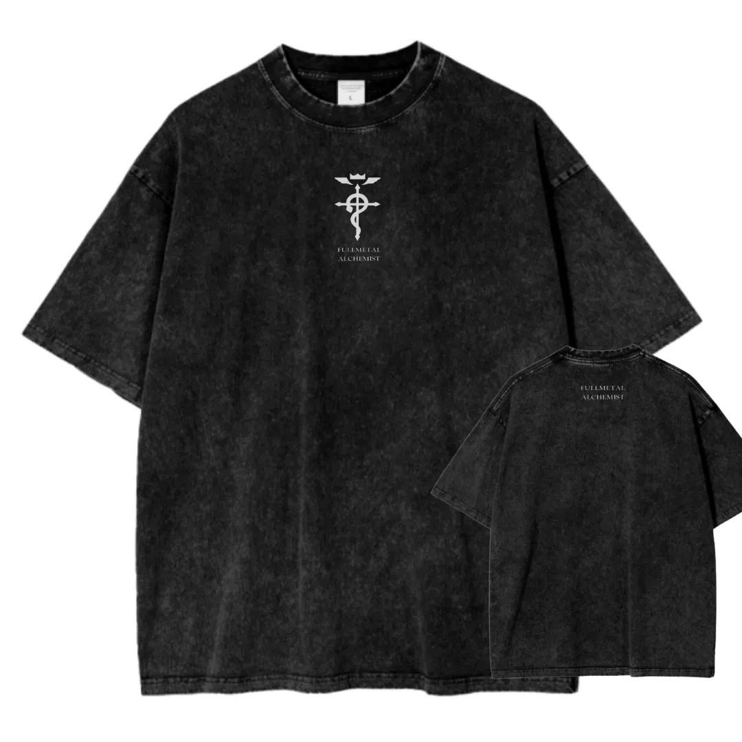 Classic Japan Anime Fullmetal Alchemist Brotherhood Unisexga Print Tees Loose Casual Oversized Top Unisex Women Washed Cotton Tshirts S