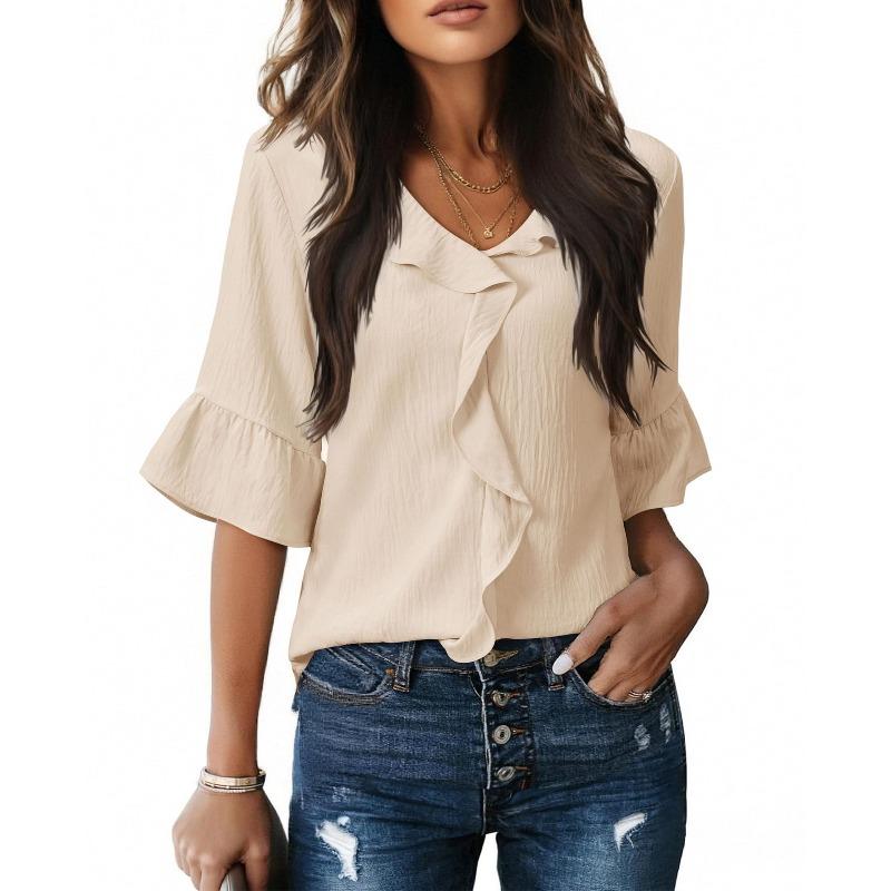 Fashionable New Style Sleeve Ruffles, Wide-necked Casual Shirt