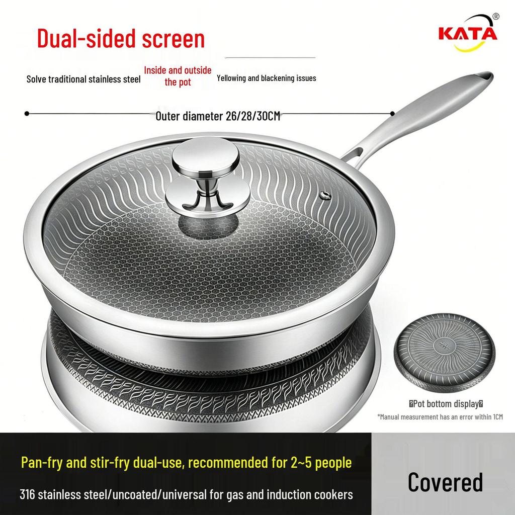 316L Stainless Steel Frying Pan for Home Use, Flat Bottom, Non-Coated, Ideal for Steak and Fried Eggs, Compatible with Induction and Gas Stoves