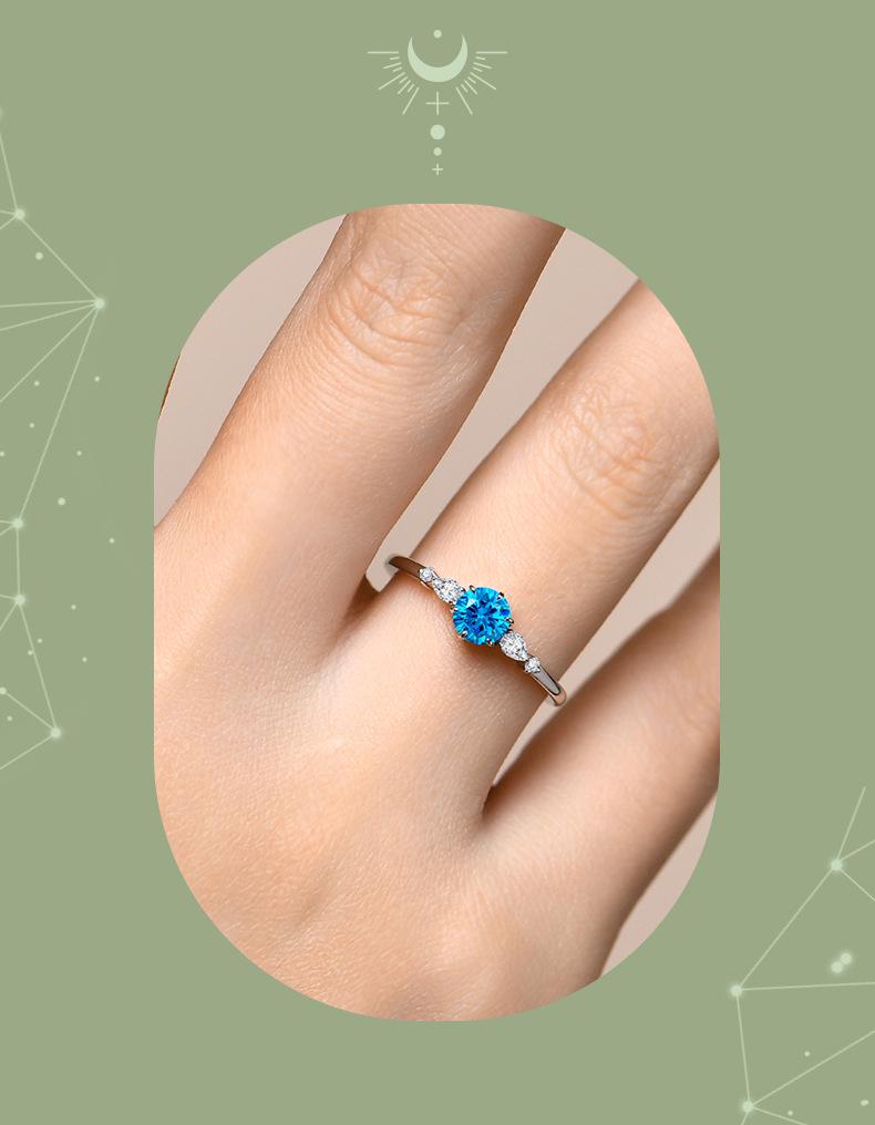 Blue Moissanite and Small Diamond Pave Ring In 925 Silver - Women's Light Luxury Gemstone Index Ring