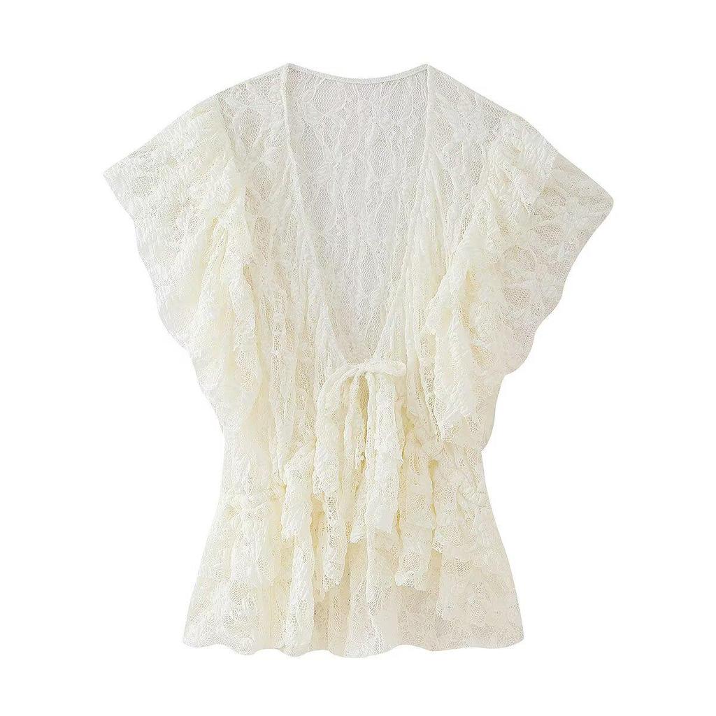 2025 Spring Women's European & American Fashion: Layered Ruffle Lace-up Top