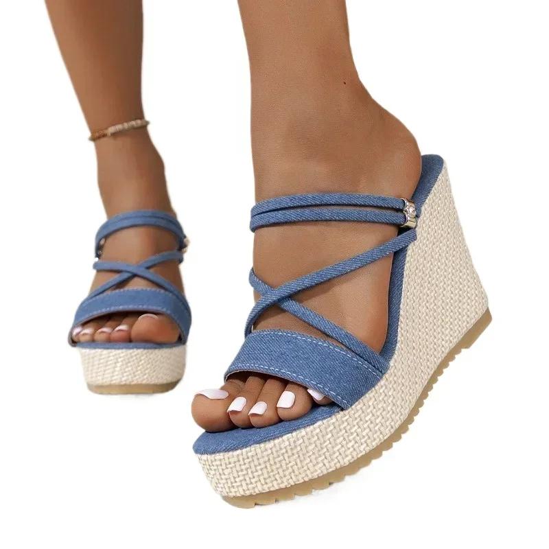 Summer Slope Heel Buckle Open Toe Wedge Ultra High Heel Women's Sandals 2024 One Line Buckle Sandals Women Shoes  Heels