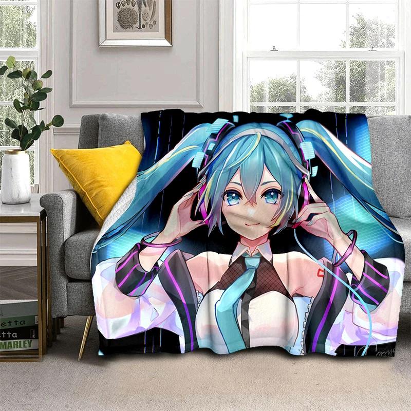 3D M-MIKUS Music VOCALOID Cartoon Girl Soft Plush Blanket,Flannel Throw Blanket for Living Room Bedroom Bed Sofa Cover Gift