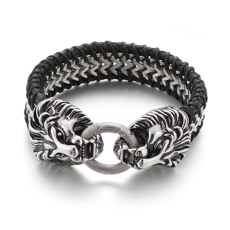 

Мужской панк-браслет из коровьей кожи и титановой стали с головой льва