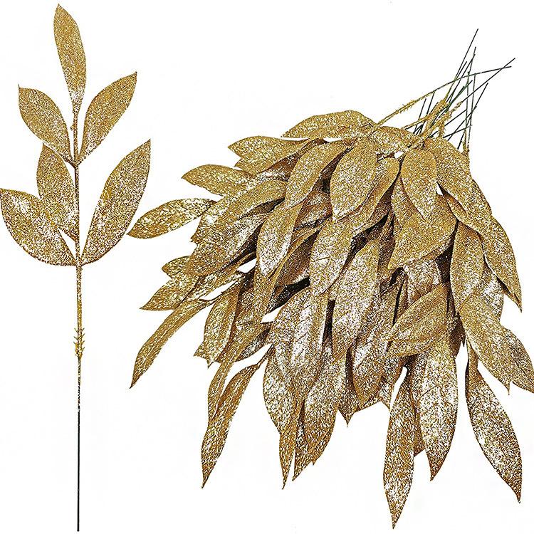 5Pcs Christmas Flash Glitter Gold Silver Leaves Xmas Tree Decoration Pendant Artificial Plants Pine Branches New Year Decor