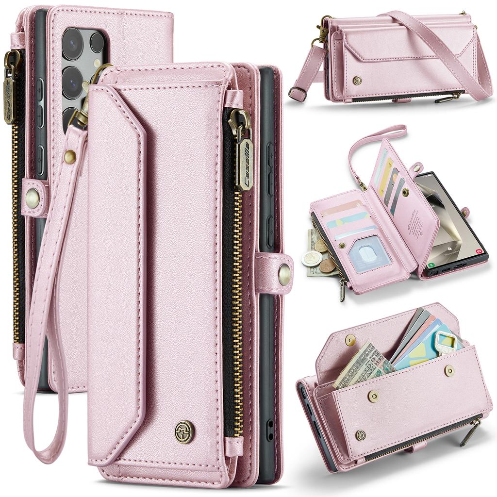 For Samsung Galaxy S25 Ultra Leather Case CASEME C36 Zipper Multiple Card Slots Phone Cover with Straps