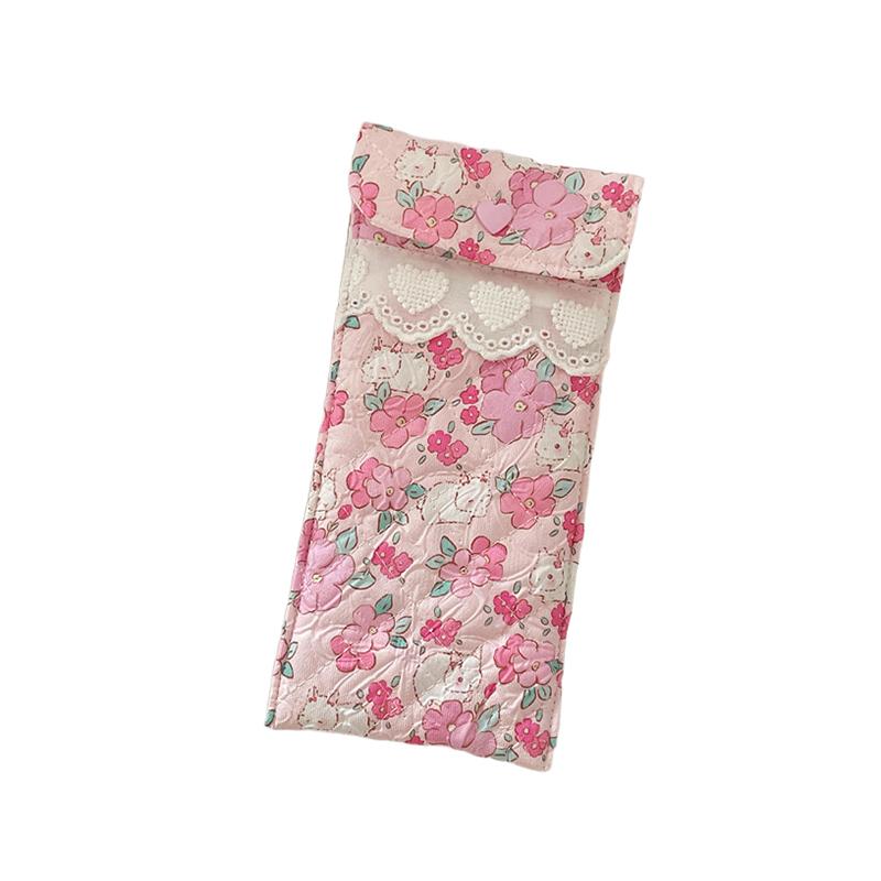 Kawaii Quilted Glasses Bag Cute Cartoon Eyeglasses Pouch Soft Cotton Sunglasses Case With Heart Button Lace For Women Girls
