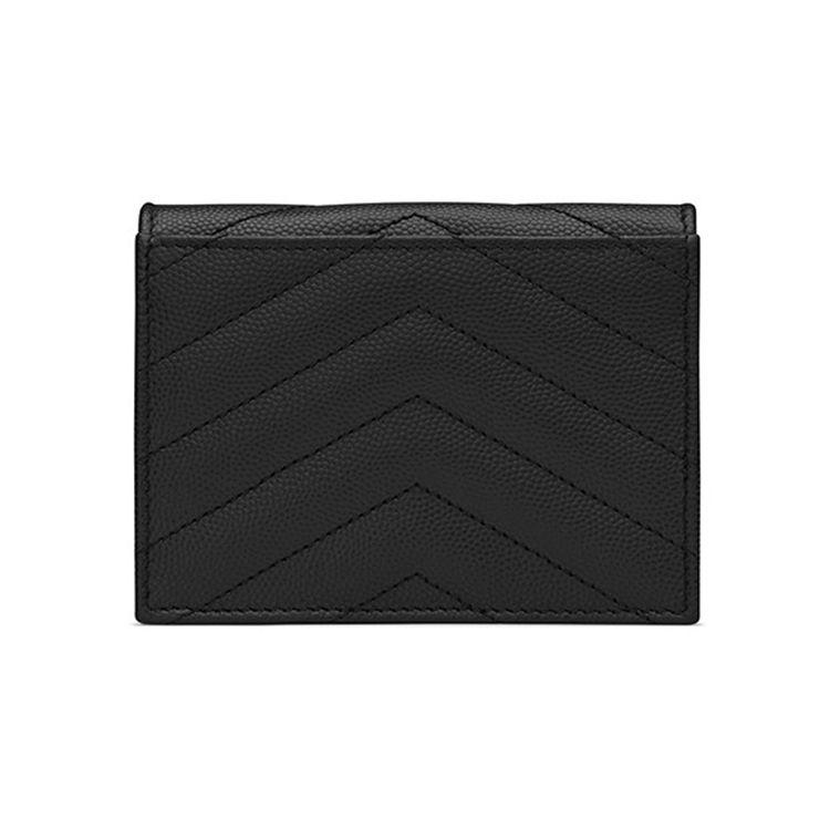 Saint Laurent Ysl Cassandre Double Fold Gold Logo Textured Quilted Leather Card Holder Wallet Women Wallet Black 530841-BOWA1-1000