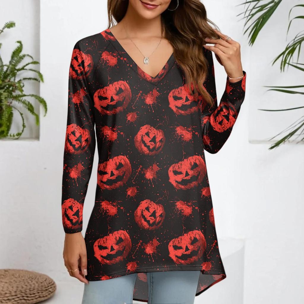 Ladies' Fashionable And Casual Halloween Printed T-shirt Long Sleeved V-neck Mid Length Top
