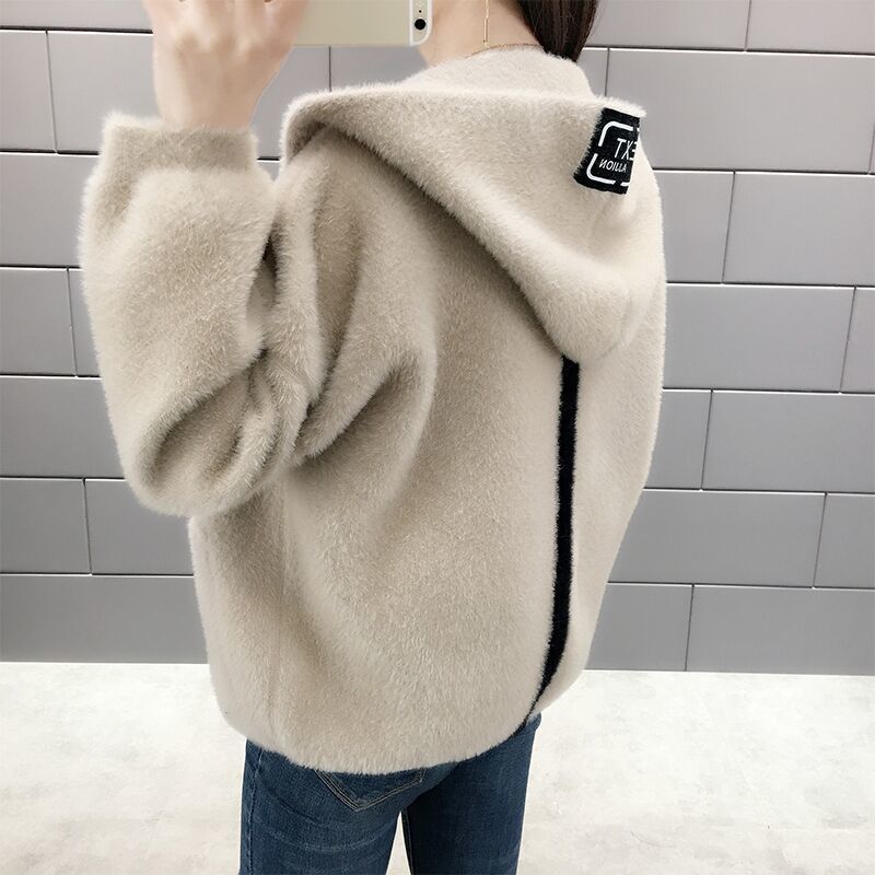 Women's Short Coat New Hooded Mink Velvet Outer Cardigan Spring and Autumn Loose Versatile Sweater Jacket