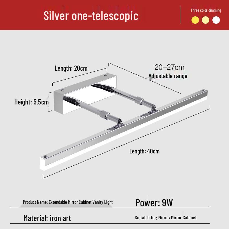 Nordic Minimalist LED Vanity Light, Telescopic Mirror Cabinet, Punch-Free, Three-Color Wall Light for Bathroom