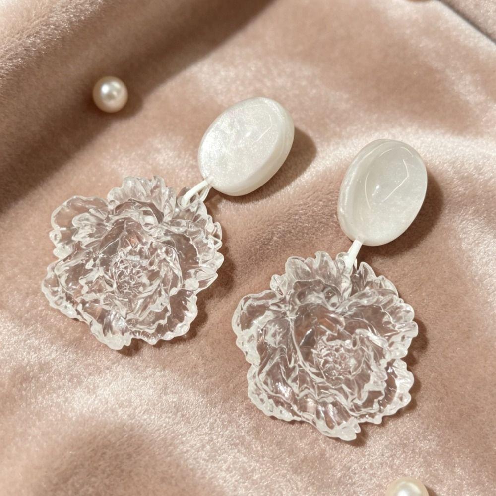 3D Flower Flower Dangle Earring Clear White Statement Earring New Camellia Flower Earring Women