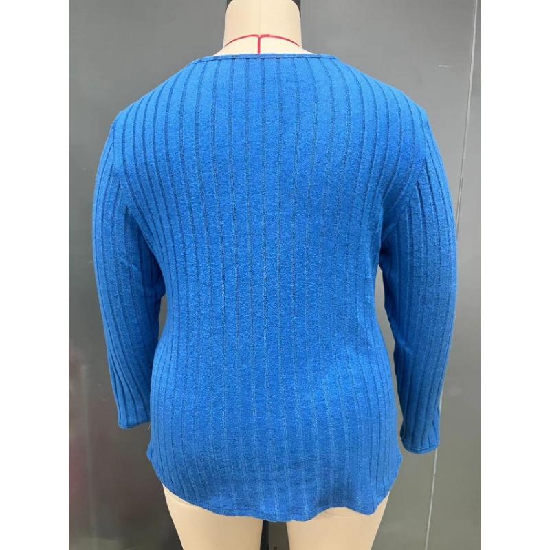 Autumn Winter Solid Color Plus Size Top Cross V-neck Long Sleeved Groove Brushed Pullover T-shirt