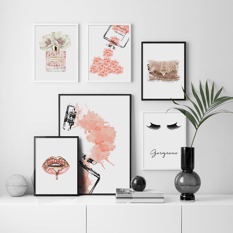 Pink Flower Paris Perfume Girl Lip Eyelash Wall Art Canvas Painting Nordic Posters And Prints Wall Picture For Grils' Room Decor